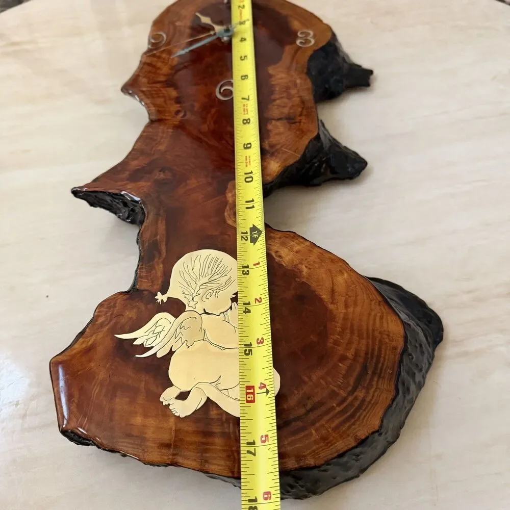 Vintage Live Edge Burl Wood Wall Clock Handmade Rustic Artisan Angel Quartz 17.5